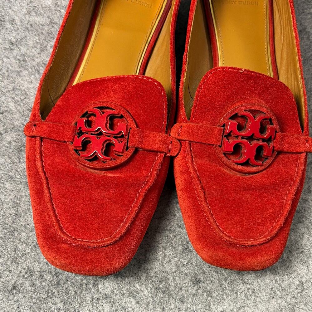 Tory Burch Red Suede Logo Slip-On Loafer Flats Square Toe Women's 7.5